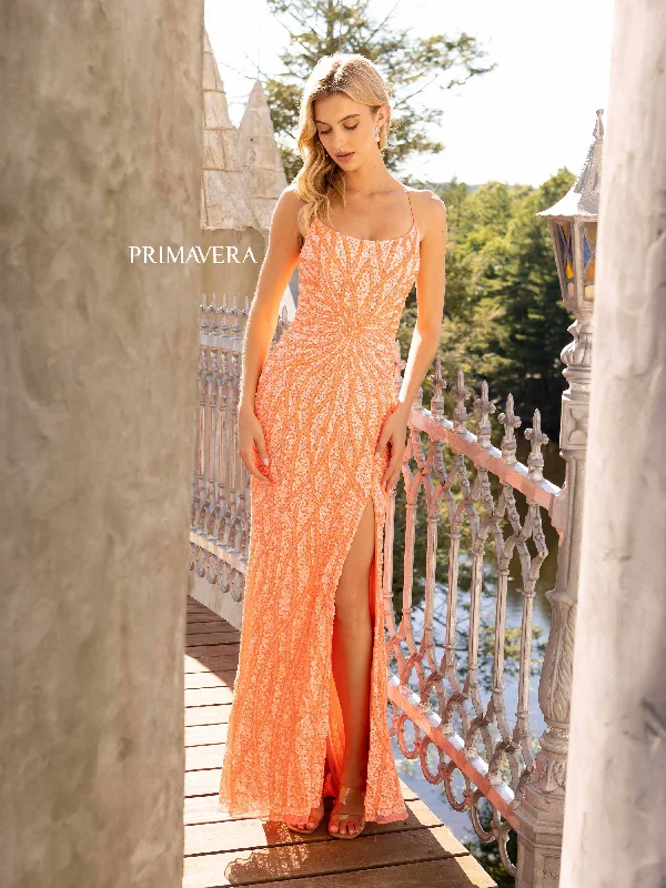 Primavera Couture 3959 Size 2, 10 Coral Sequined Prom Dress slit scoop neck formal gown Sequin Evening Dress