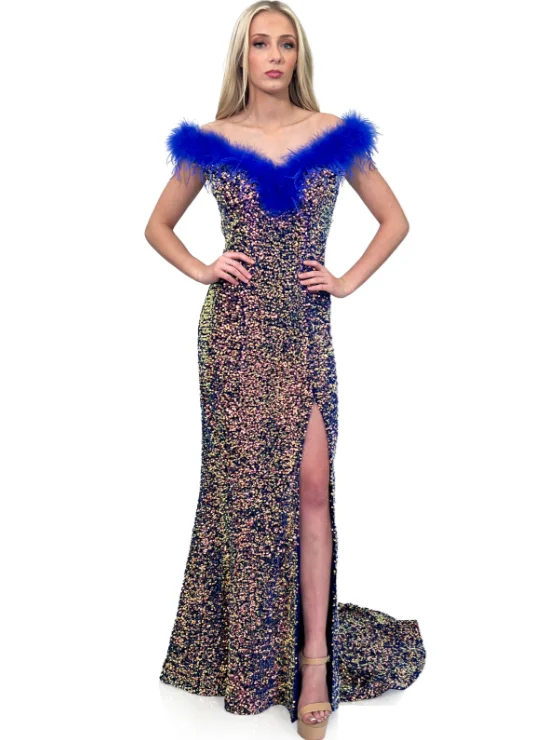 Marc Defang 8145 size 4 Velvet Sequin Dress Feather off the shoulder Slit Pageant Gown Backless Sequin Dress