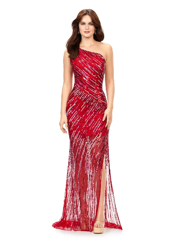 Ashley Lauren 11207 Size 2 Red Prom Dress One Shoulder Sequins Sheer Slit Elegant Sequin Dress