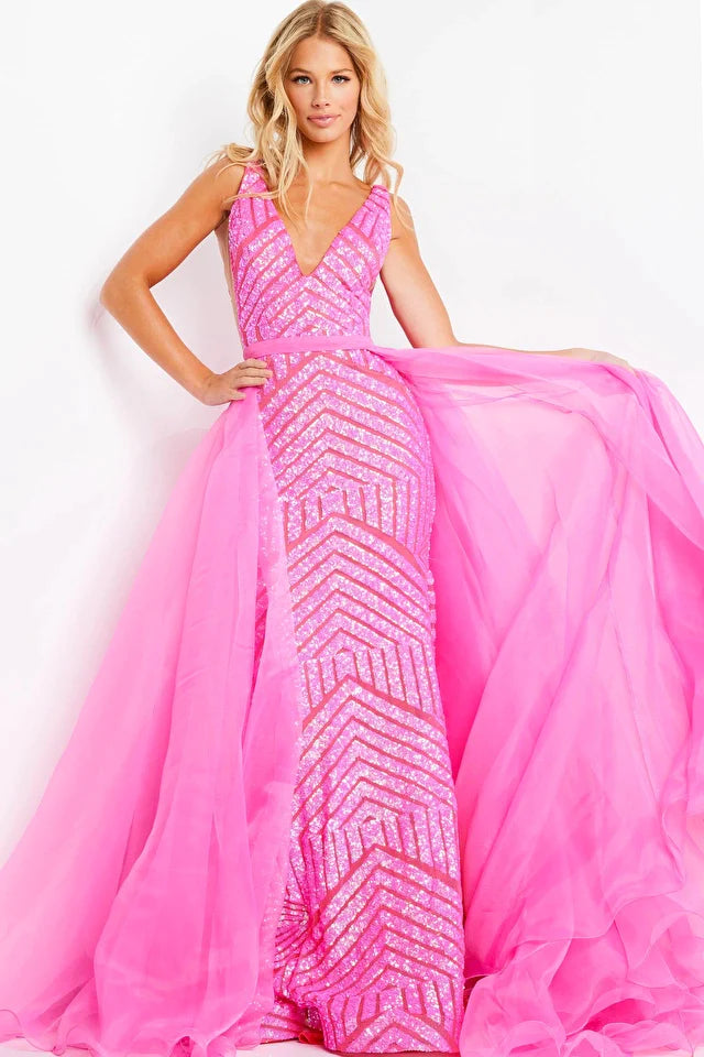 Jovani 25833 Size 12 Hot Pink Long Fitted Sequin Mermaid Pageant Dress Detachable Overskirt Pageant Gown Sequin Gown Chic