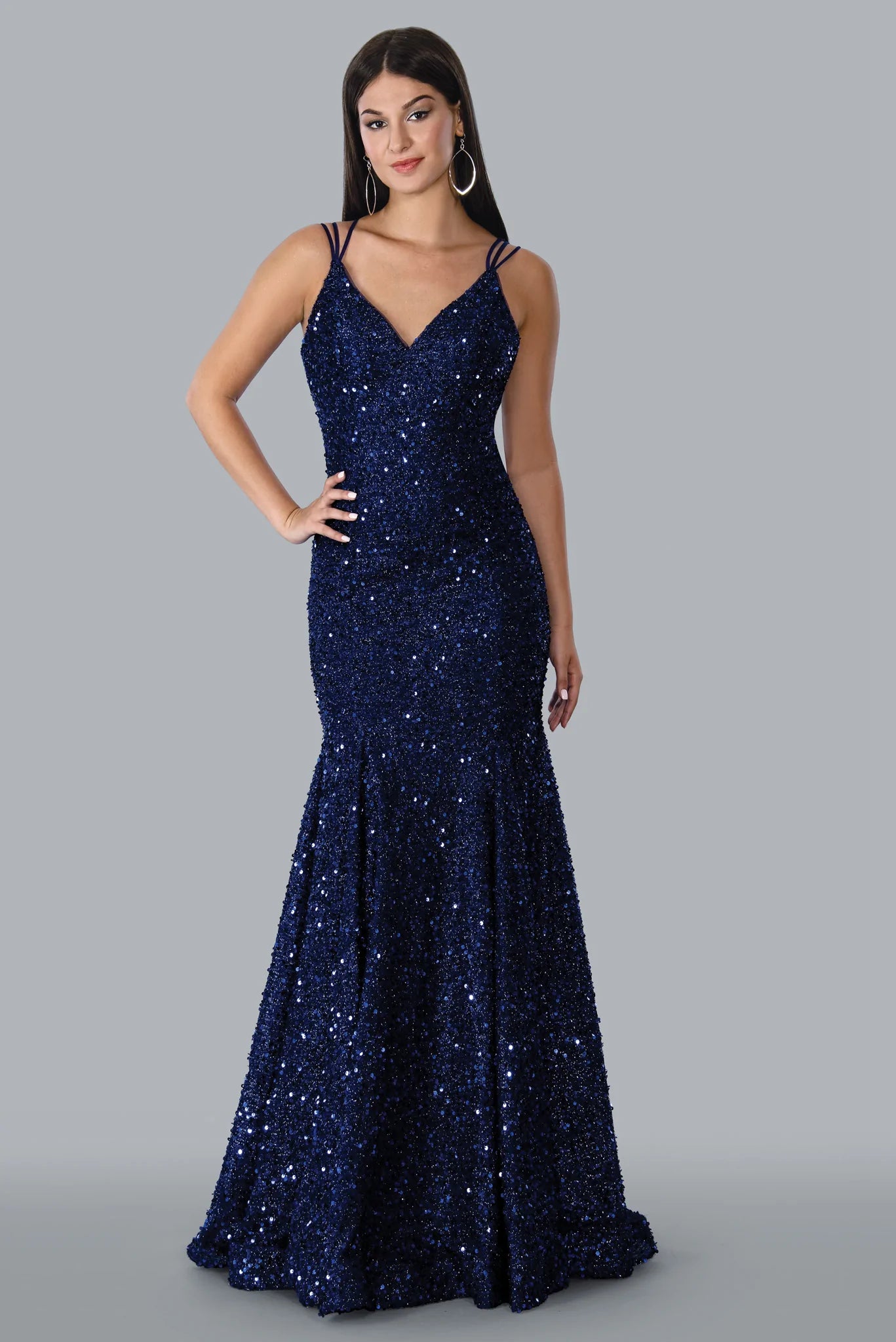 Stella Couture 23118 Size 16 Blue Long Sequin Fitted Mermaid Prom Dress V Neck Formal Gown Sequin Bodycon Dress