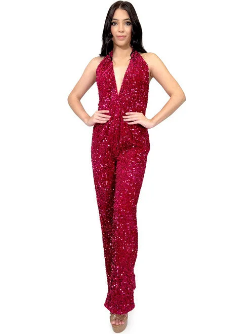 Marc Defang 8049 Size 8 Fuchsia Jumpsuit Fun Fashion Velvet Sequin Halter Pageant Wear Sequin Dress Style