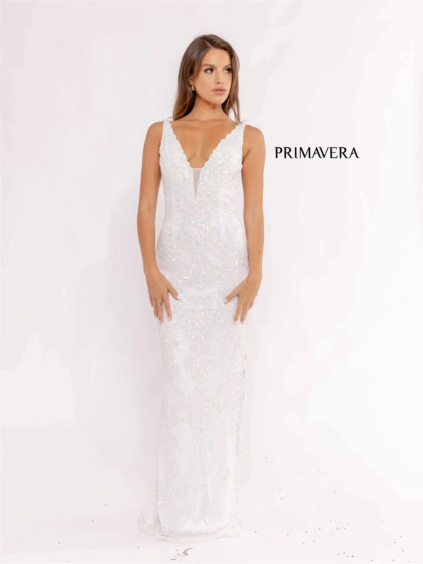 Primavera Couture 3953 Size 4 Ivory Long Beaded Sequin Side Slit Prom Dress Formal Pageant Gown V Neck Sequin Dress Casual