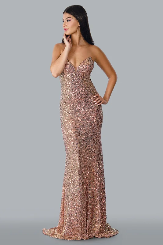 Stella Couture 23130 Size 2, 12 Rose Gold Long Fitted Sequin Peak Point Formal Pageant Gown Prom Dress Sexy Sequin Gown