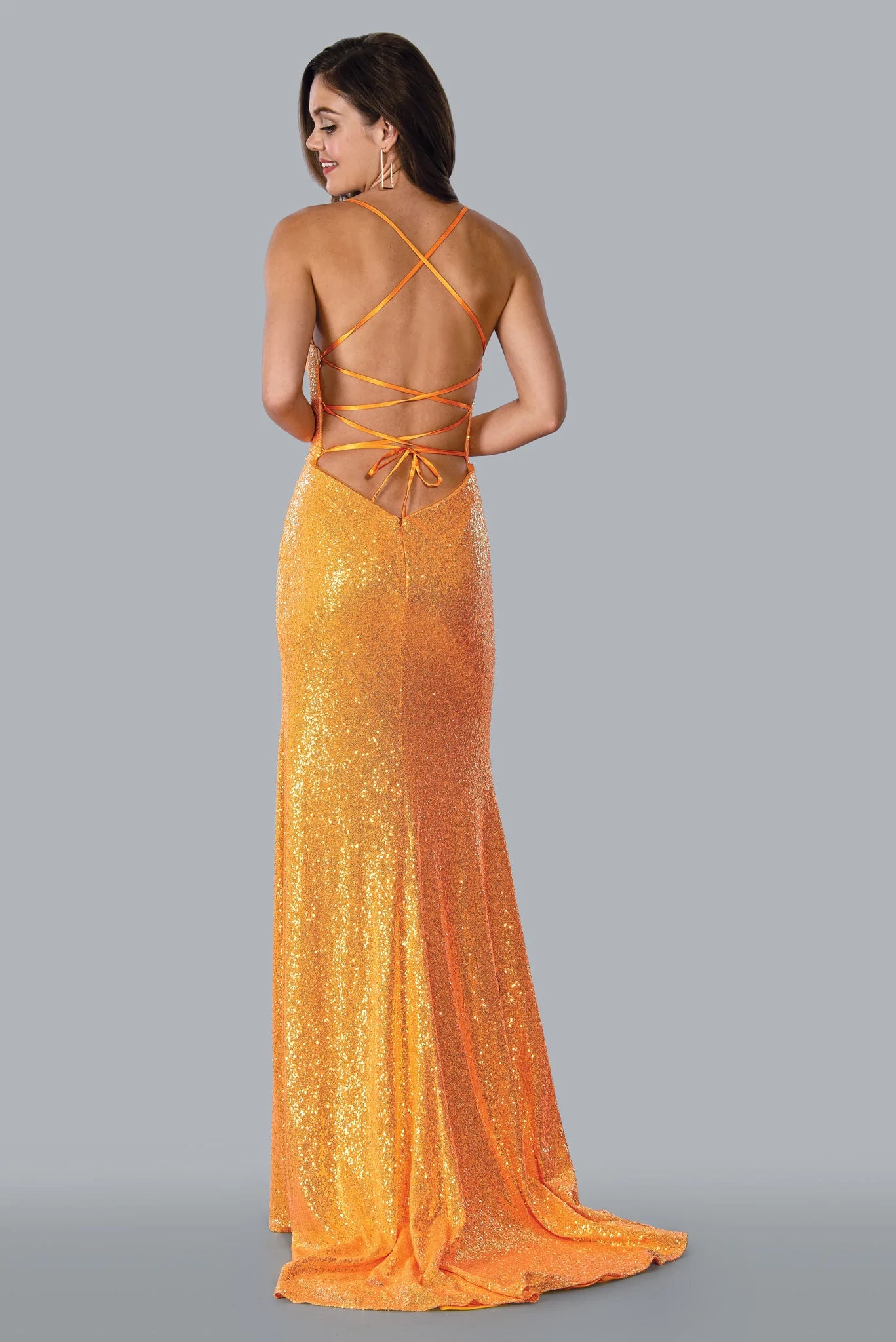 Stella Couture 23141 Size 4 Orange Long Fitted Sequin Backless Corset Prom Dress Slit Formal Gown Sequin Dress Trend