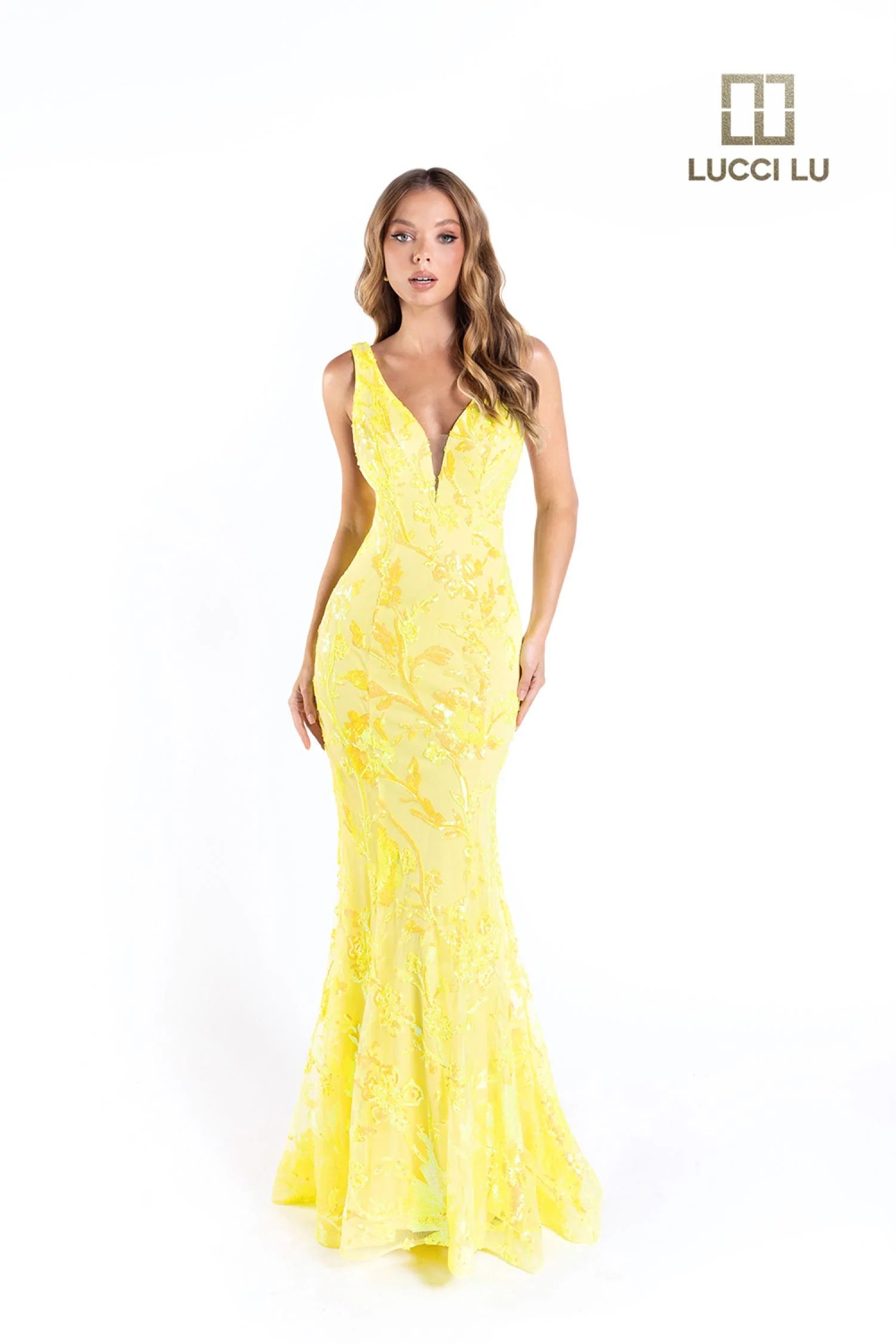 Lucci Lu 1230 Size 18 Neon Yellow Long Fitted Sequin Neon Prom Dress V Neck Formal Pageant Gown Backless Sequin Dress Fashion