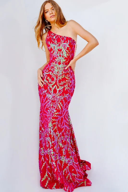 Jovani 22845 Size 0, 8 Iridescent Red Long Fitted Mermaid One Shoulder Prom Dress Iridescent Sequin Pageant Gown Hot Pink Sequin