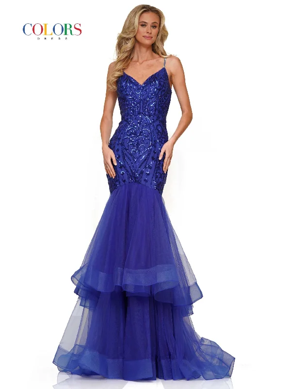 Colors Dress 2978 Size 4 Royal Fitted Sequin Mermaid Prom Dress Ruffle Layer Formal Gown Corset Back High Neck Sequin