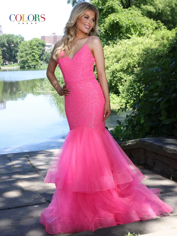 Colors Dress 2978 Size 6 Hot Pink Fitted Sequin Mermaid Prom Dress Ruffle Layer Formal Gown Corset Back Sequin Dress Sleeveless