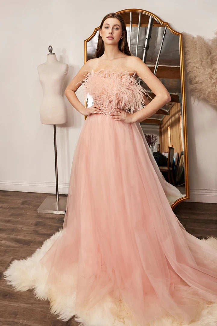 Ladivine CR864 Size 4 Blush Long Tulle A Line Feather Sequin Strapless Ballgown Prom Dress Sequin Dress Trendy