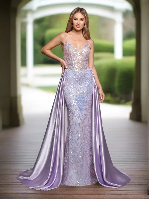 Sparkle Prom 72233 Size 4 Lilac Long Fitted Sequin Sheer Overskirt Prom Dress Pageant Gown Backless Corset Beautiful Sequin Dress