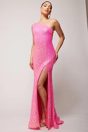 Vienna Prom Dress 8857 Size 10 Fuchsia Sequin One Shoulder Prom Dress Fringe Slit Gown Sequin Dress Sparkle