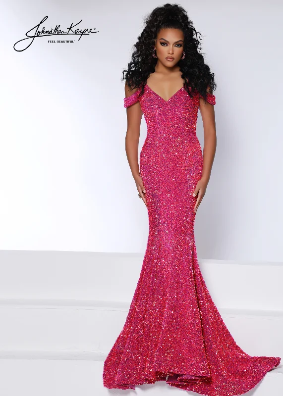 Johnathan Kayne 2678 Size 14 Magenta sequin stretch velvet gown with off shoulder straps Black Sequin Dress