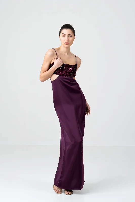 BLACKBERRY VELVET SEQUIN CUTOUT DRESS Sequin Dress Long