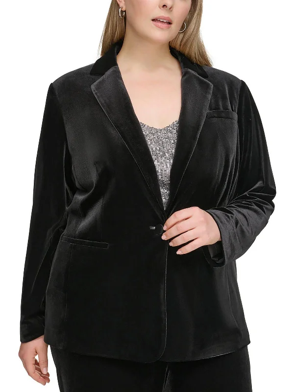 Plus Womens Collar Velvet One-Button Blazer Tweed Blazer Jacket