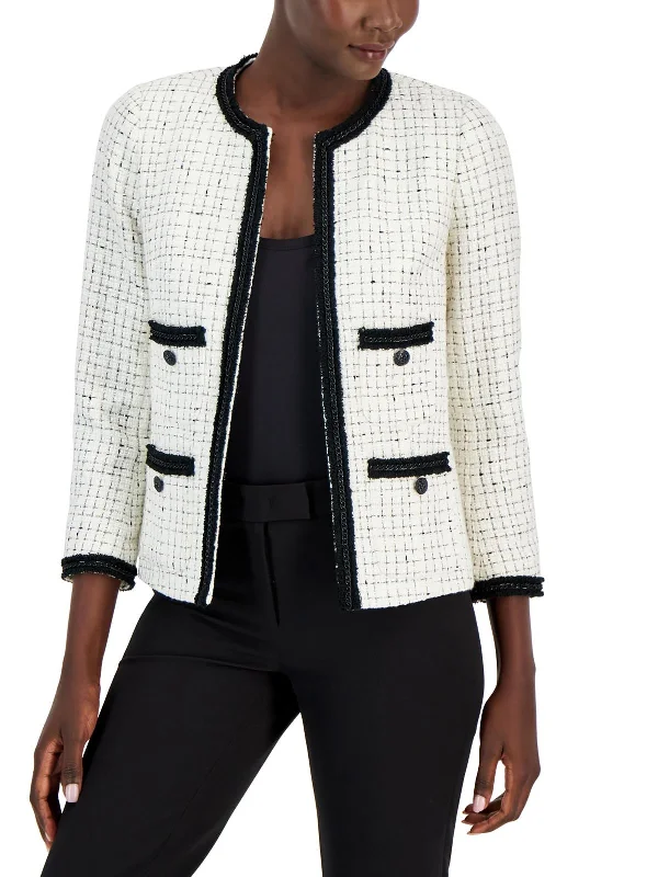 Womens Wool-Blend Work Day Wear Collarless Blazer Button Detail Blazer