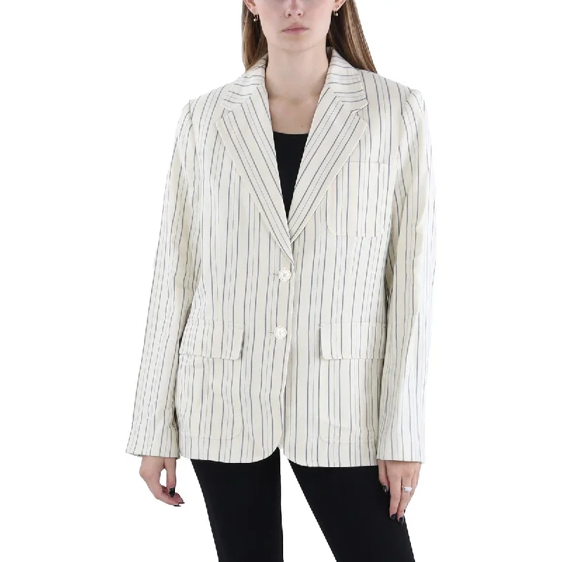 Womens Linen Blend Striped Two-Button Blazer Blazer with Shoulder Pads