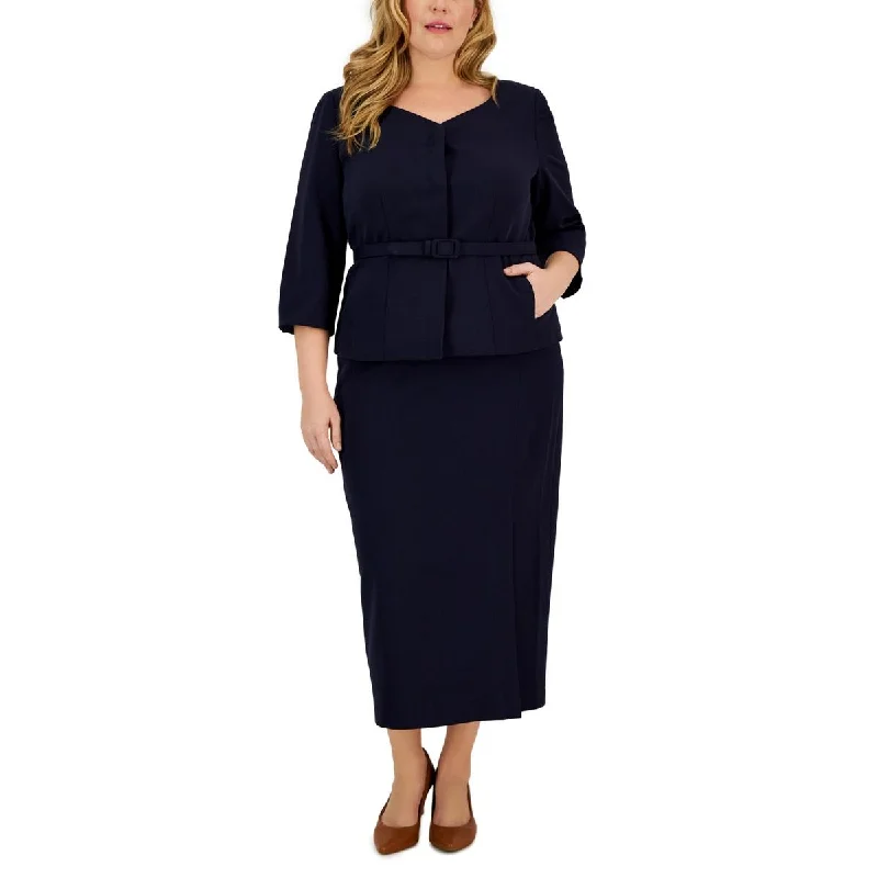 Plus Womens 2PC Belted Skirt Suit Lightweight Work Blazer