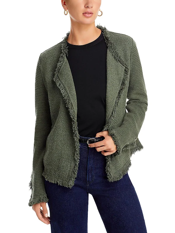 Womens Fringe Cardigan Open-Front Blazer Elegant Tweed Blazer