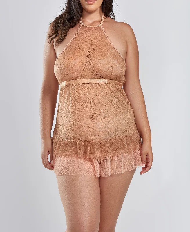 Haltered Lace & Pleat Tier Skirt Babydoll PLUS Button-up pajama sets