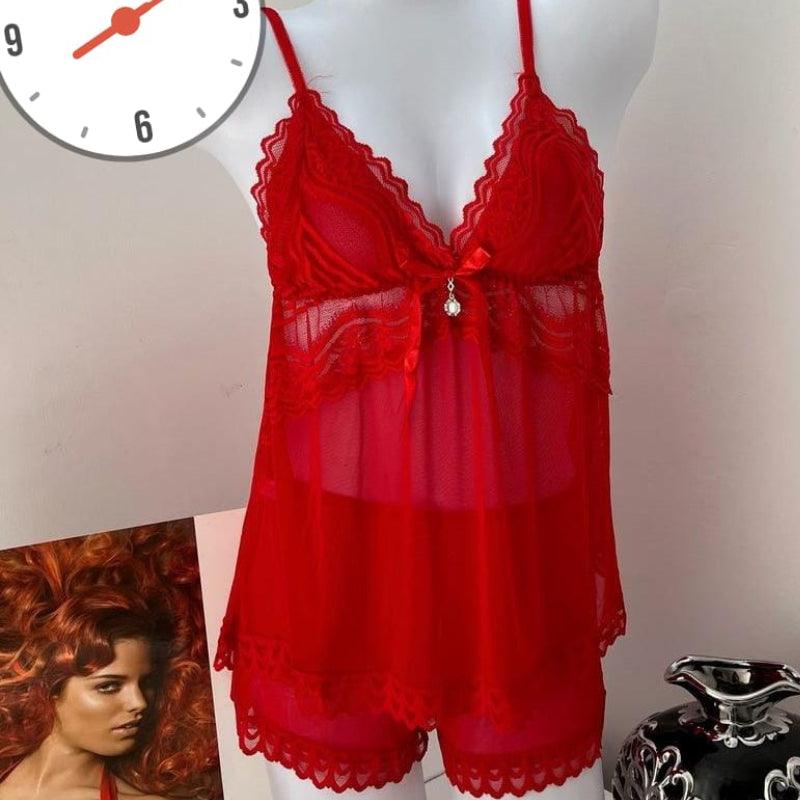 Hot Sexy Transparent  lace Net Cami Short-2pc Red | Summer Satin Nightwear Pyjamas Sexy 2PCS Cozy winter pajama sets