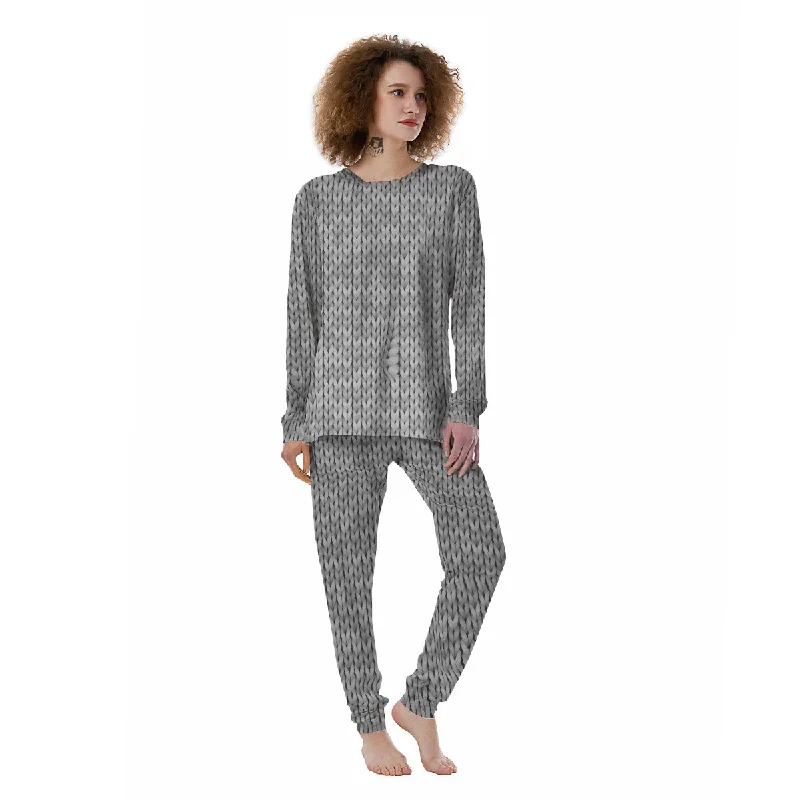 Knitted Grey Print Pattern Women's Pajamas Matching couple pajama sets