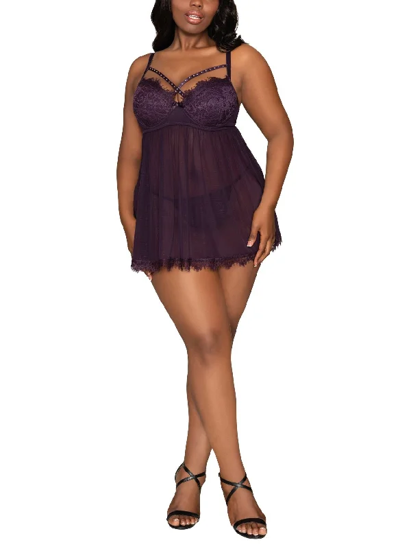 Plus Size Stretch Mesh Babydoll Set Nursing pajama sets