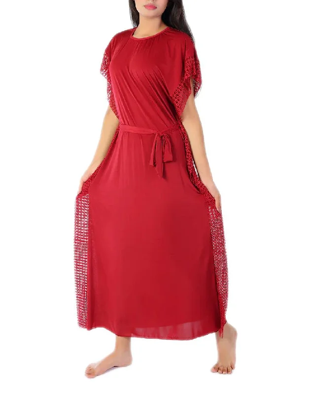 Women's 2 Piece Round Neck Side Lace Long Nighty -Maroon Chic pajama sets