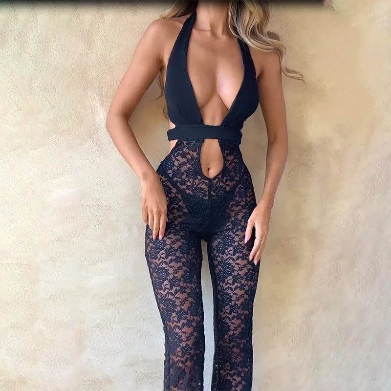 Women's Fashion Slim Hollow Deep V Lace Jumpsuit H&M pajama sets