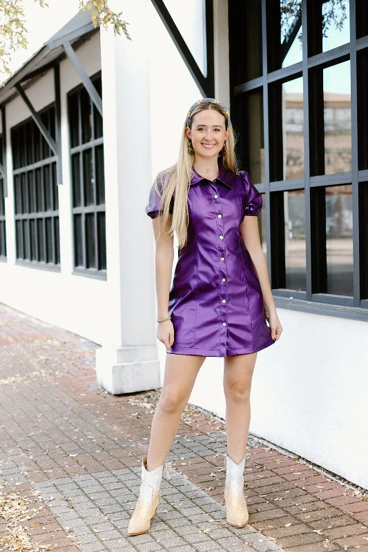 Purple Metallic Button Up Dress Boho mini dresses