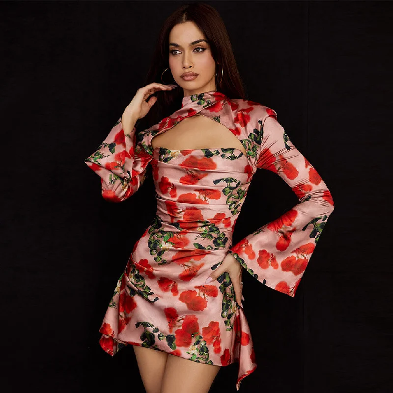 Rose Cutout High Neck Bell Sleeve Pleated Printed Mini Dress - Red Forever 21 mini dresses