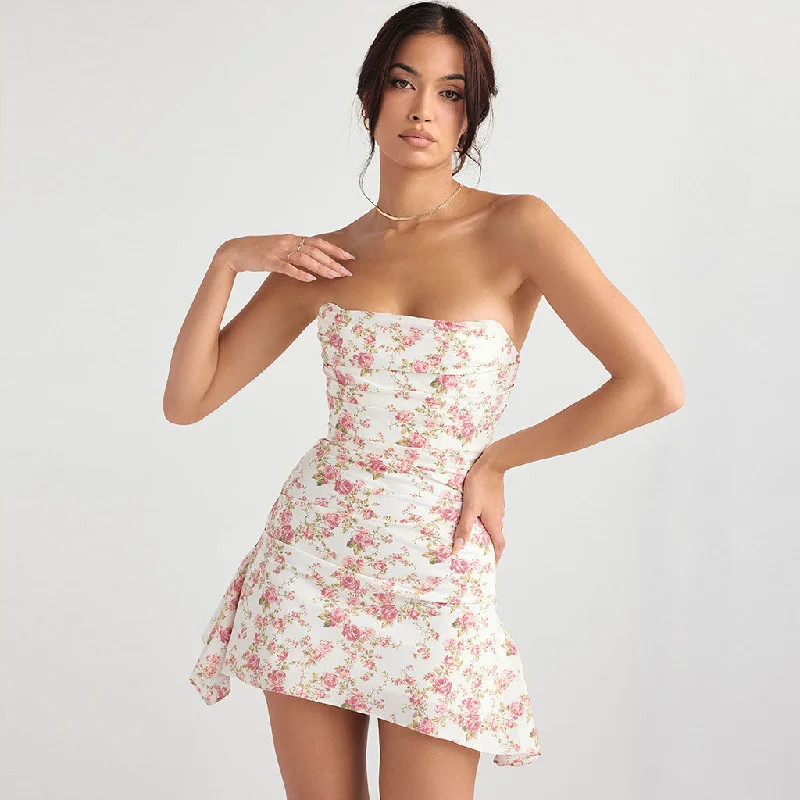 Sweet Floral Strapless Pleated Corset Draped Satin Mini Dress - Pink Street style mini dresses