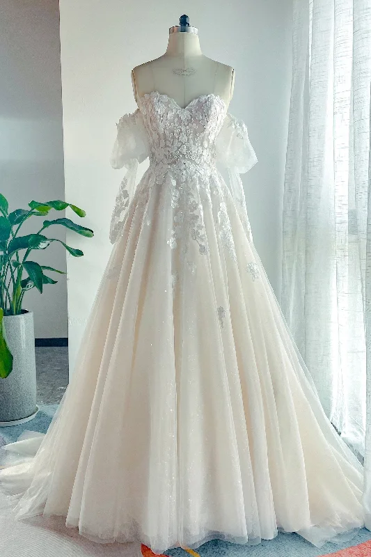 A-Line Chapel Train Lace Tulle Wedding Dress CW3128 Elegant Satin Dress