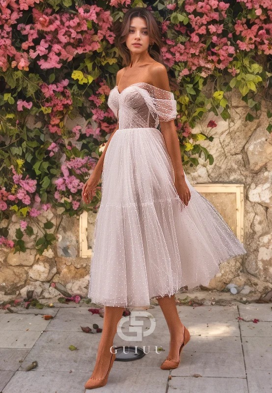 A-Line Off Shoulder Sleeveless Pleated Tea Length Tulle Wedding Dress Wedding Gown Set