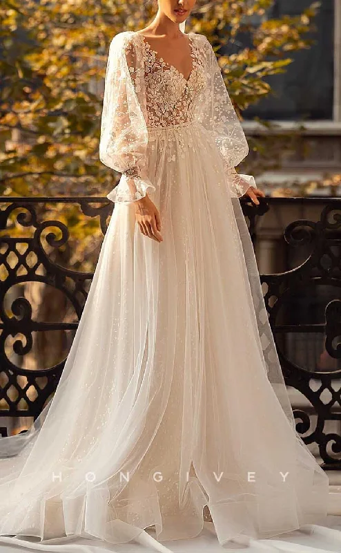 H1736 - Boho V-Neck Long Sleeve Sheer Empire Appliques Wedding Dress Sleek Wedding Dress