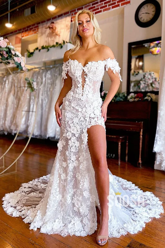 Illusion V-Neck 3D Lace Bohemian Wedding Dress with Slit QW2389 Open Back Dress