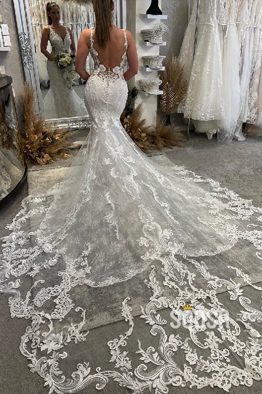 Attractive V-Neck Lace Appliques Mermaid Wedding Dress Bridal Gown QW2578 Formal Wedding Dress