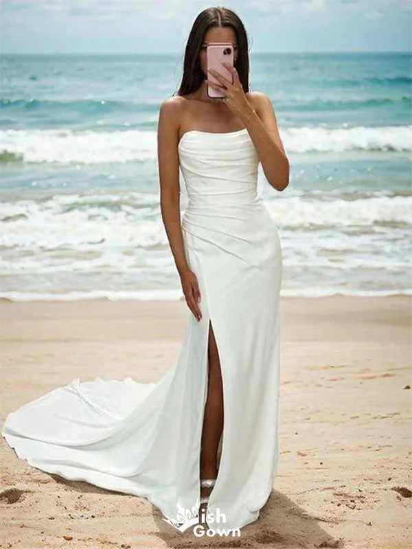 Elegant Strapless Sleeveless Side Slit With Train Popular Bridal Long Wedding Dresses, WDH109 Wedding Dress Long