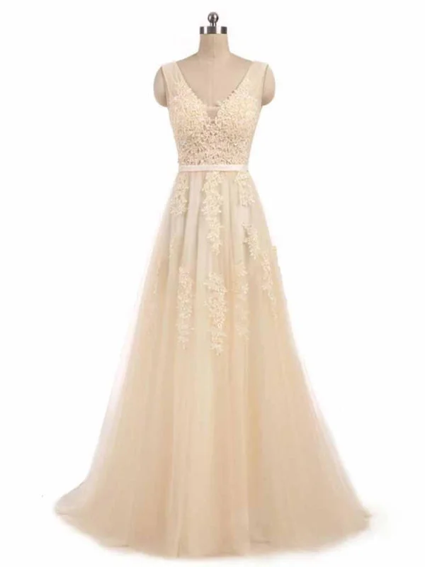 Glamorous V-Neck Lace Ribbon A-line Wedding Dresses Simple Wedding Gown