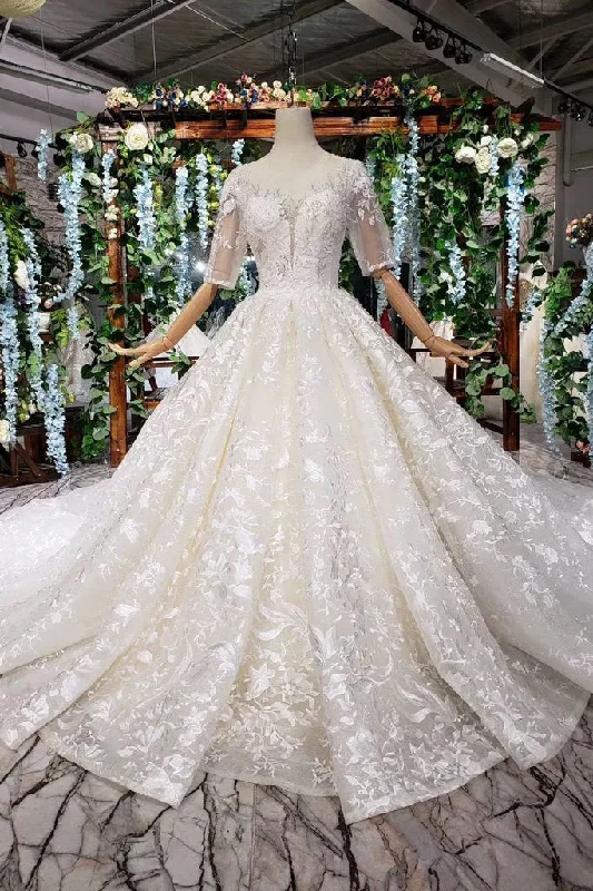 Gorgeous Lace Wedding Dress With Half Sleeves Ball Gown Long Wedding Dress N1625 Beaded Wedding Gown