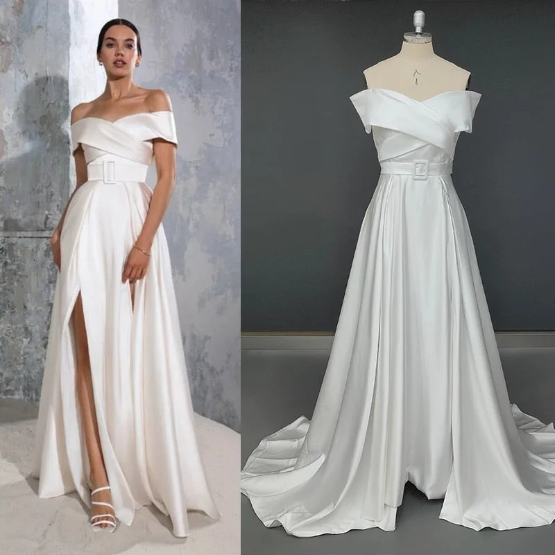 Off-Shoulder Classic Wedding Dress Soft Satin Bridal