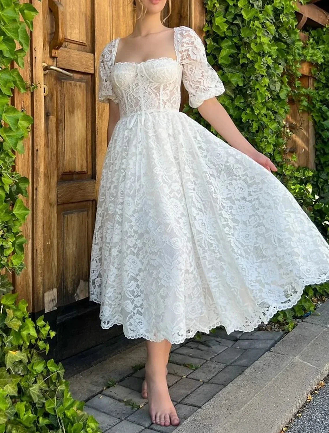 Reception Little White Dresses Wedding Dresses A-Line Sweetheart Half Sleeve Tea Length Lace Bridal Gowns With Appliques Solid Color A-line Wedding Gown