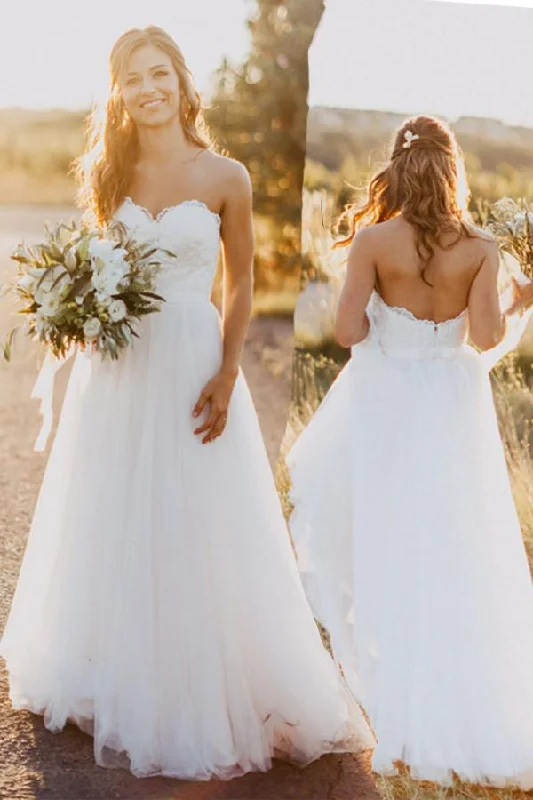 Sexy Sweetheart White Tulle Backless Beach Wedding Dress With Lace N346 Vintage Style Dress