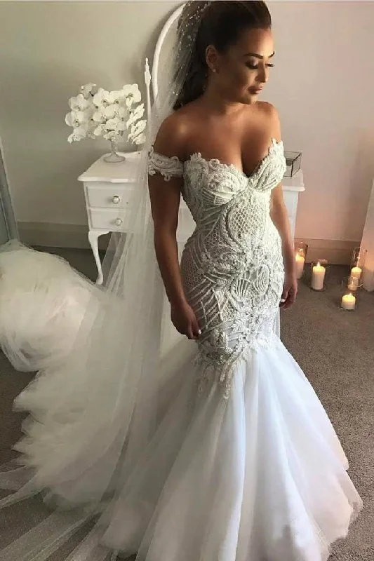 Vintage Off the Shoulder Mermaid Wedding Dress With Appliques Tulle Bridal Dress N1514 Sleeveless Wedding Dress