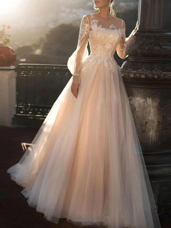 Wedding Dresses 2021 A Line Illusion Neck Long Sleeve Floor Length Tulle Pleated Bridal Dress With Train Empire Waist Dress