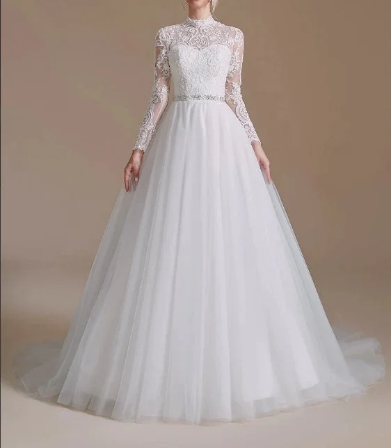 White A-Line High Neck Long Sleeves Wedding Dress with Lace Classic Lace Gown