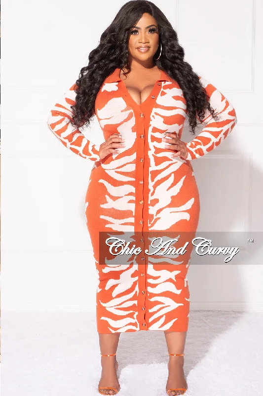 Final Sale Plus Size Collar Button Up Midi Dress in Rust and White Design Print Strapless midi dresses