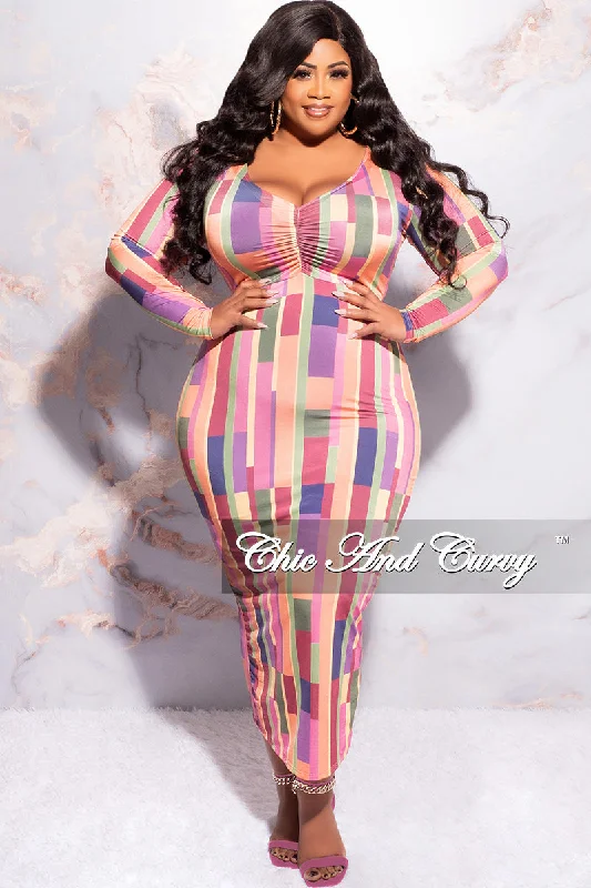 Final Sale Plus Size Long Sleeve Midi Dress with Back Slit in Multi Color Stripe Print Denim midi dresses