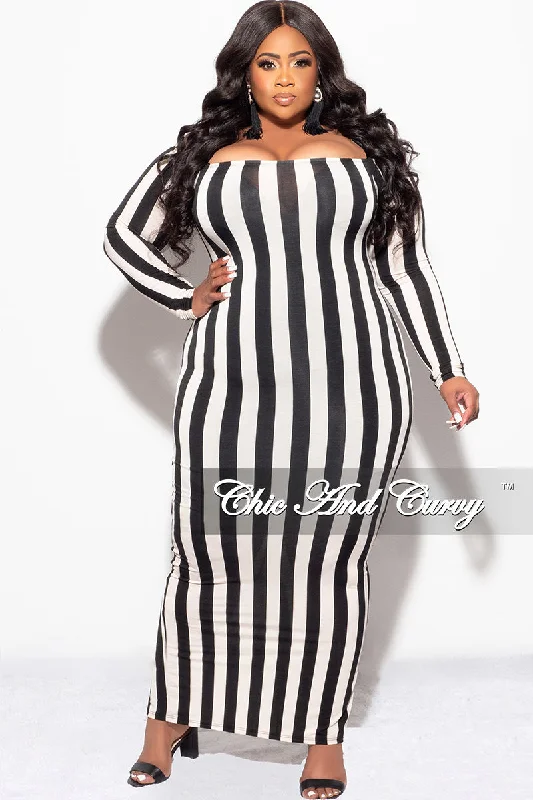 Final Sale Plus Size Off The Shoulder BodyCon Midi Dress in Black & Beige Stripes Winter midi dresses