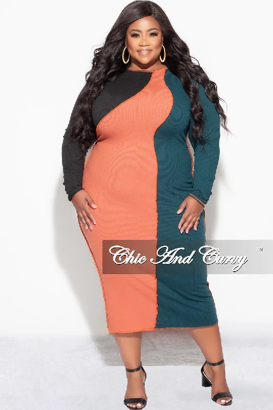 Final Sale Plus Size Ribbed BodyCon Colorblock Midi Dress with Outer Seams in Green and Orange Vacation midi dresses